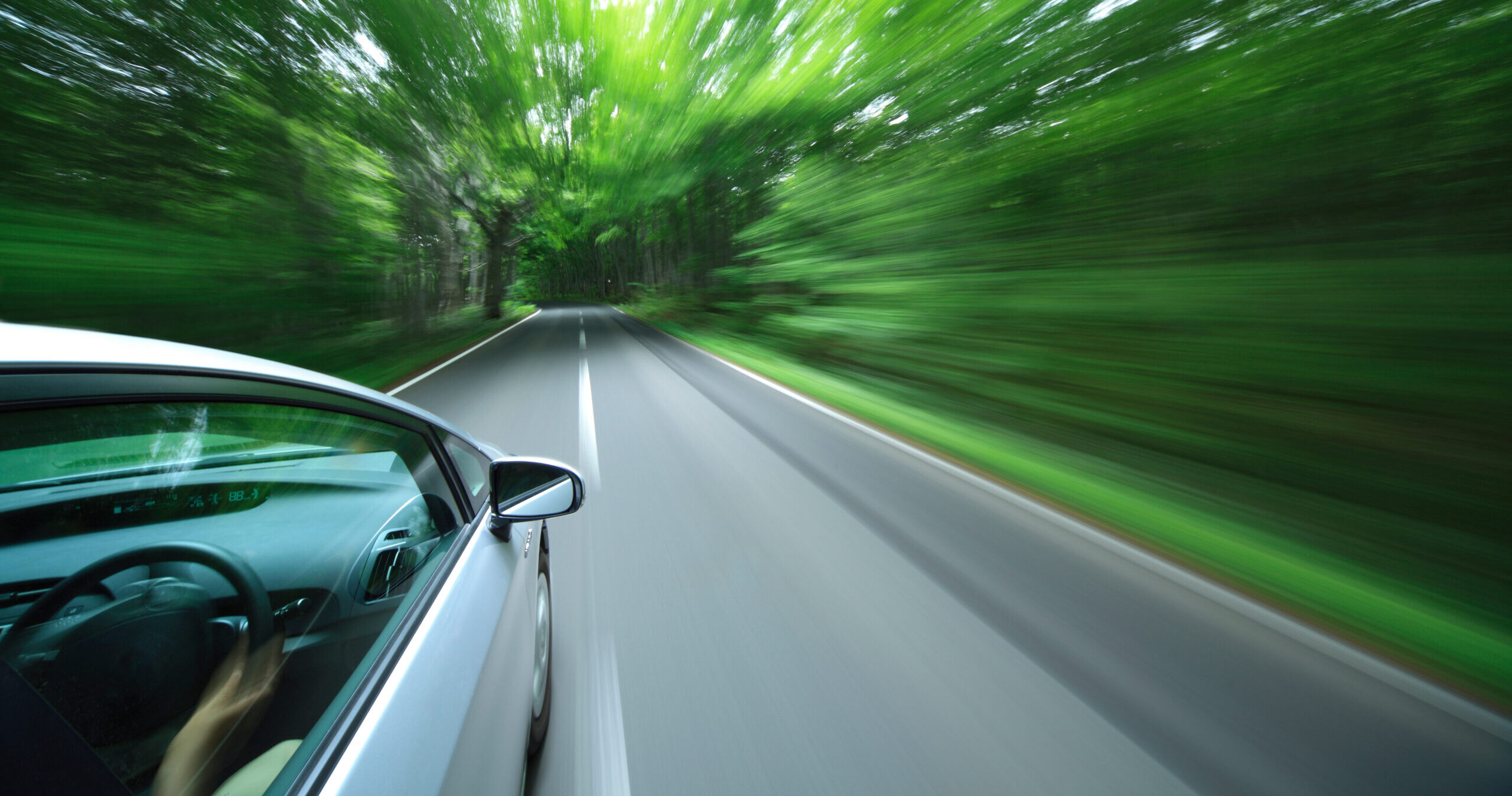 car driving fast into forest